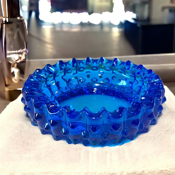 Vintage Other - Vintage Cobalt Blue Glass Hobnail Studded Ashtray Trinket Dish